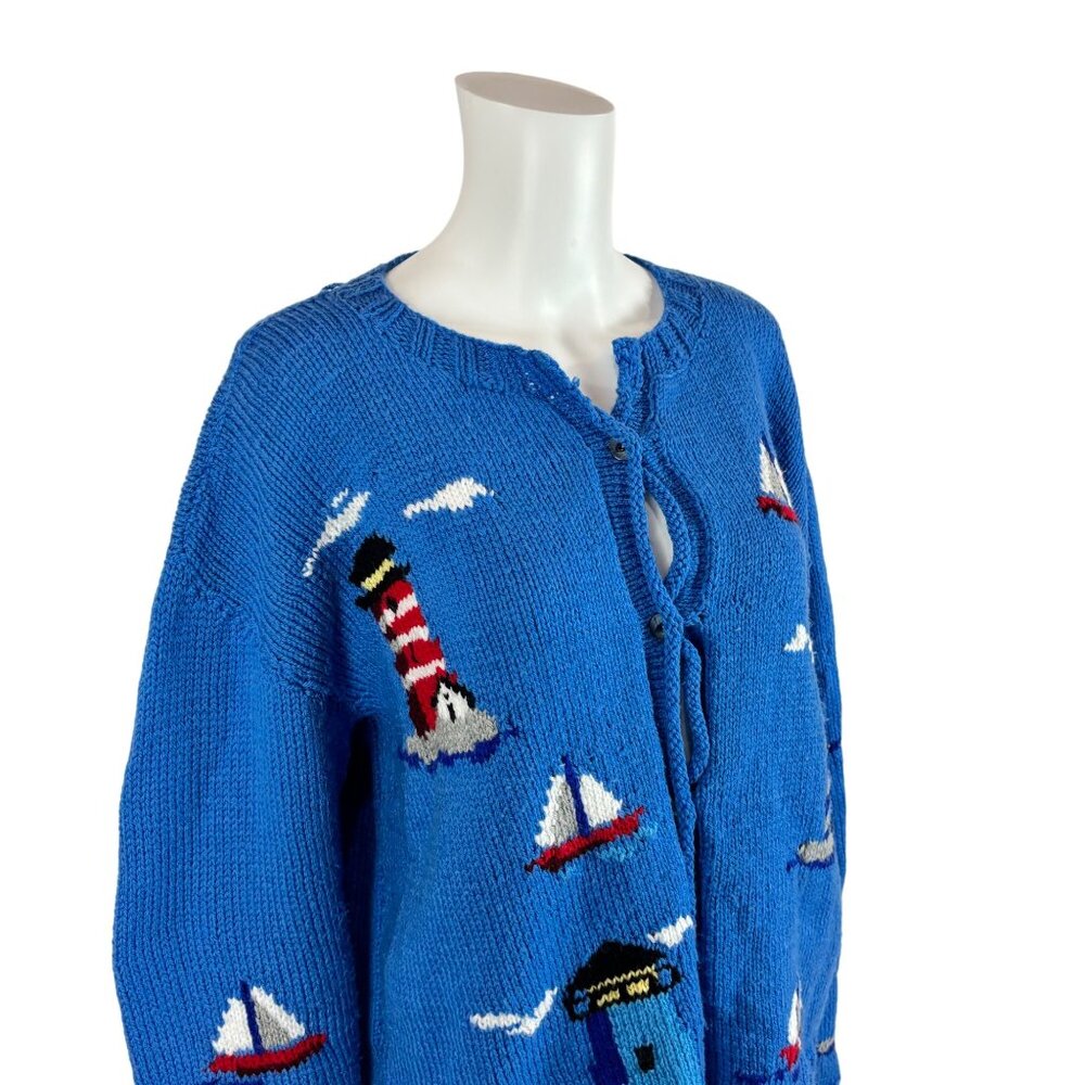 Vintage Lighthouse Cardigan Women's 2X Blue Novelty Nautical Sailboats Handmade - Picture 3 of 12